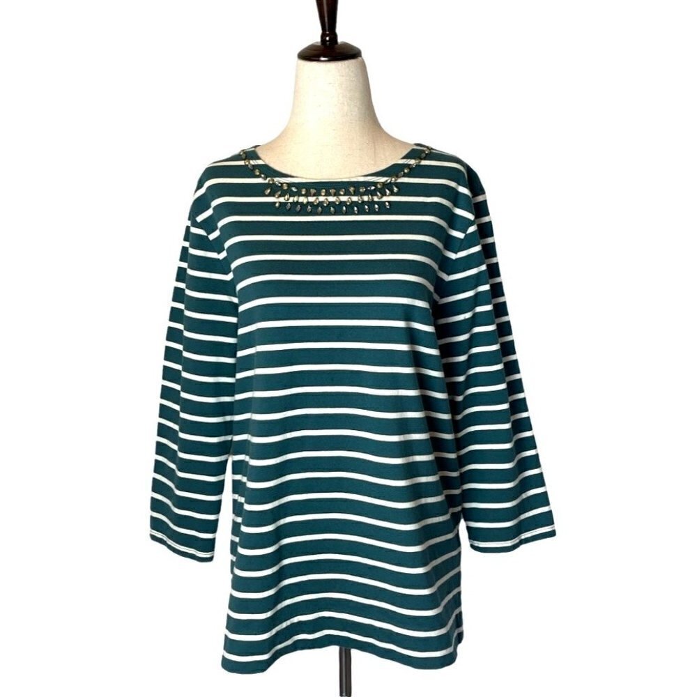 Garnet Hill Dark Green And White Striped Jeweled Neckline Long Sleeve Top Size M